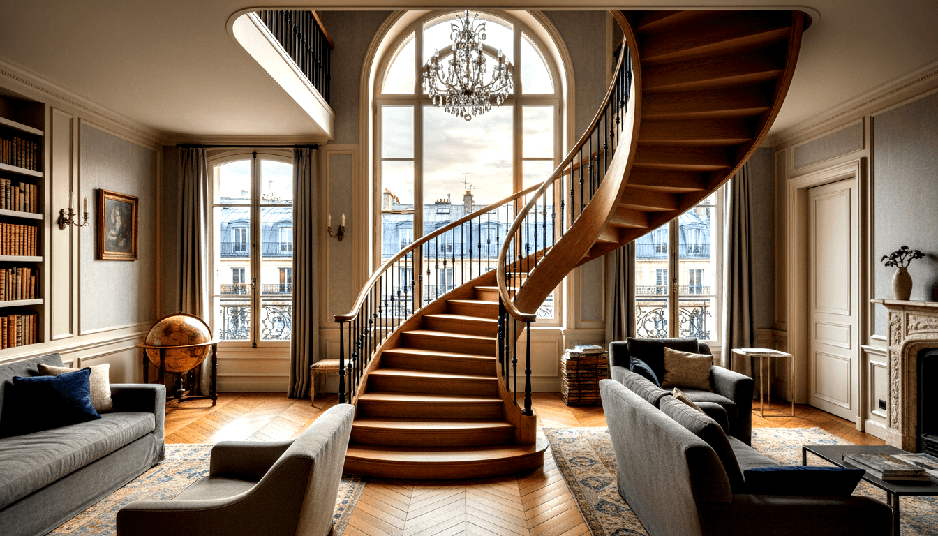 Curved wood staircase with wrought iron balusters in a double-height classical room with paneled walls and herringbone parquet.