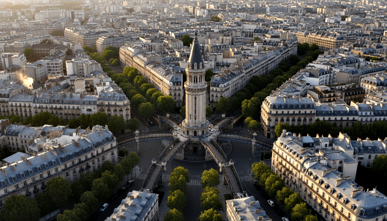 Aerial view: ornate stone tower with conical spire at circular plaza, tree-lined boulevards radiating outward, limestone buildings.