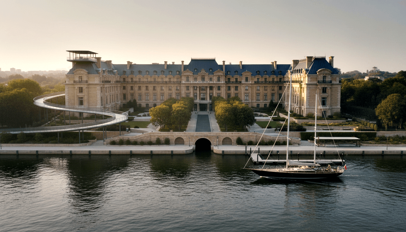 Baroque sandstone mansion with mansard roof on waterway; dark-hulled sailing yacht in foreground; golden-hour light.