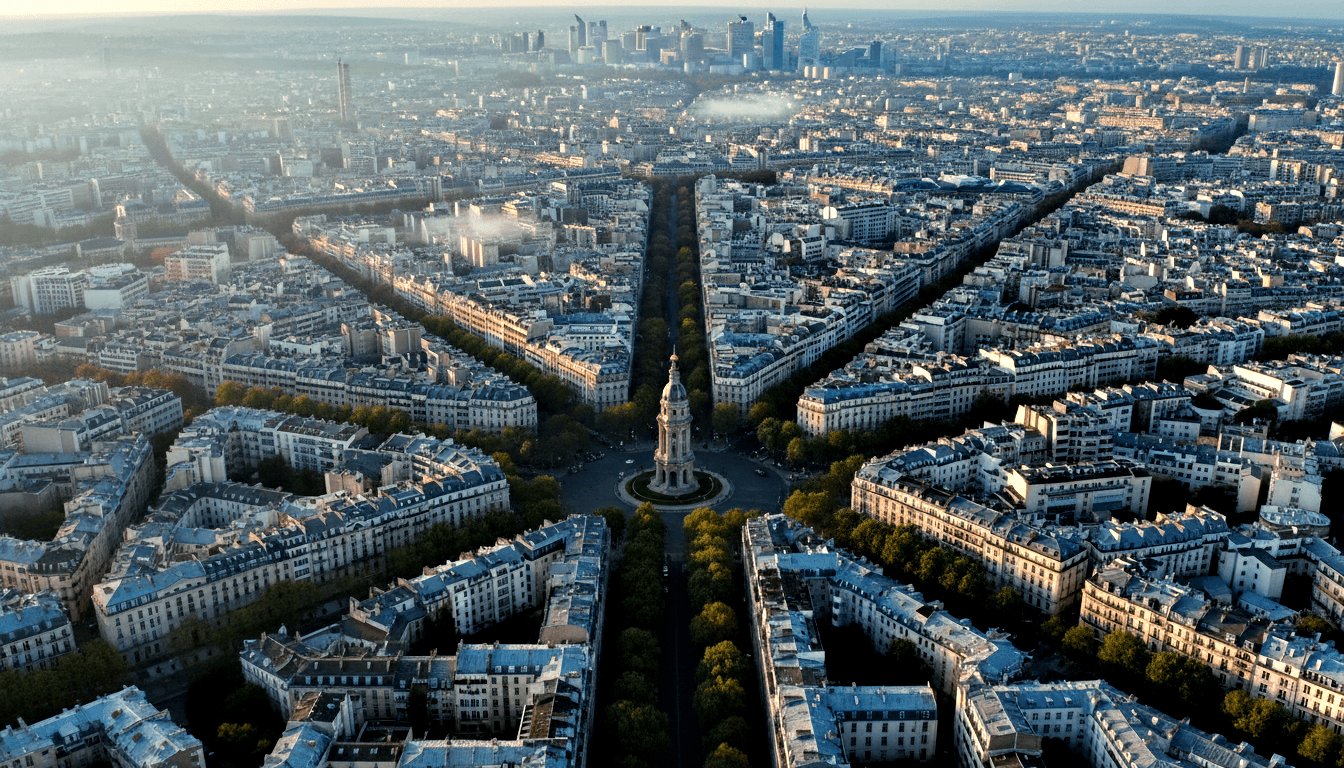 Aerial view of gilded domed rotunda at roundabout, spoke boulevards, classical mansard buildings, modern towers on horizon.