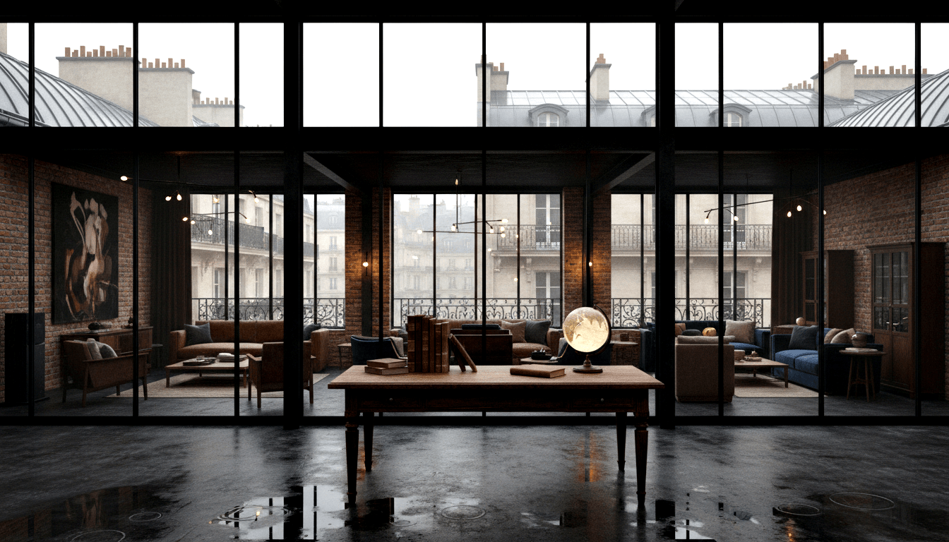 Industrial loft workspace with wooden desk, glowing globe, exposed brick walls, glass partitions, leather sofas, and steel-framed windows.