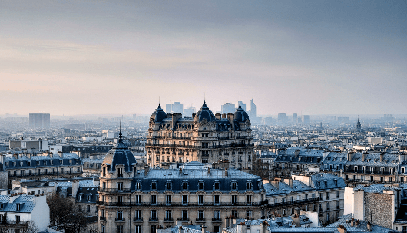 Ornate building with mansard domed turrets, dormer windows, and wrought-iron balconies, with a dense classical cityscape and distant high-rises.