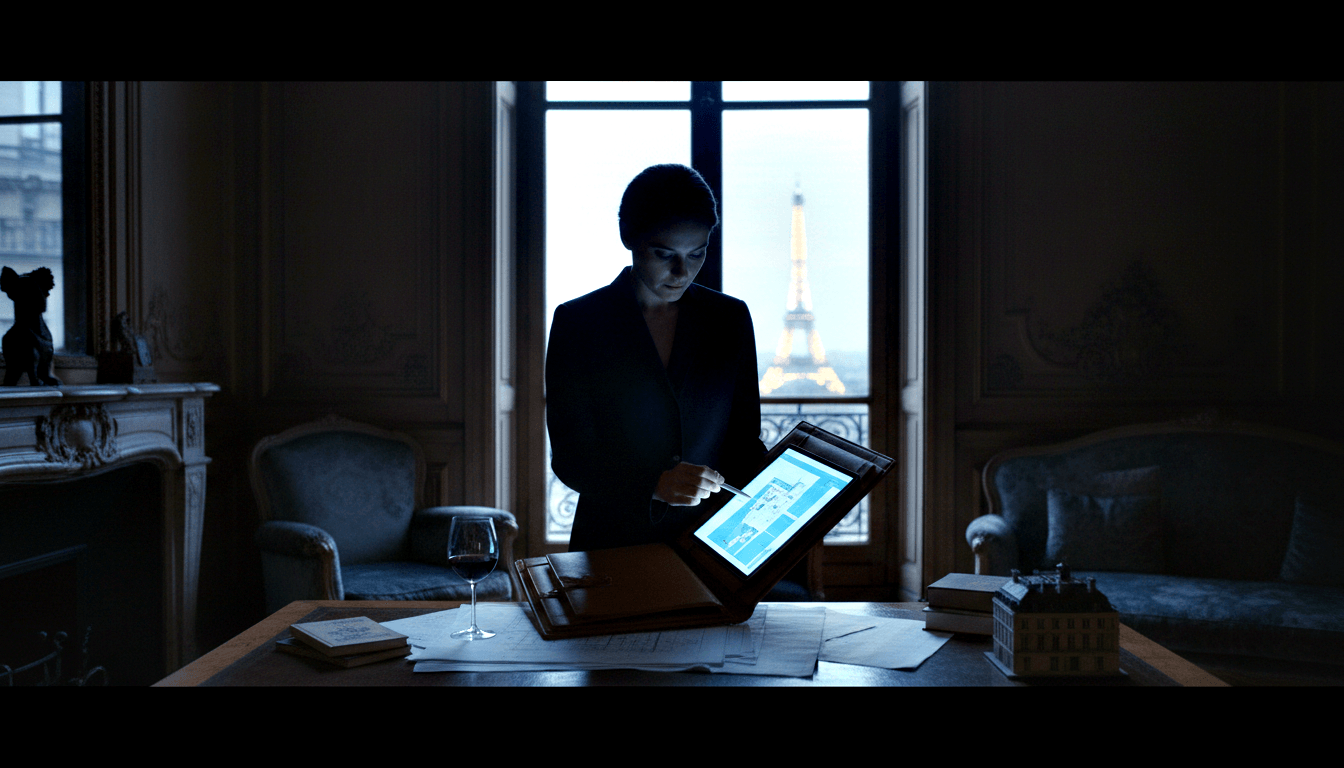 Woman in dark blazer leans over ornate desk studying glowing tablet; papers, books, wine glass, architectural model nearby; amber tower at dusk.