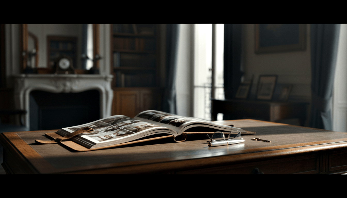 Open book with black-and-white photo pages on amber leather desk pad, with wire-framed glasses, pen, and small metal object.