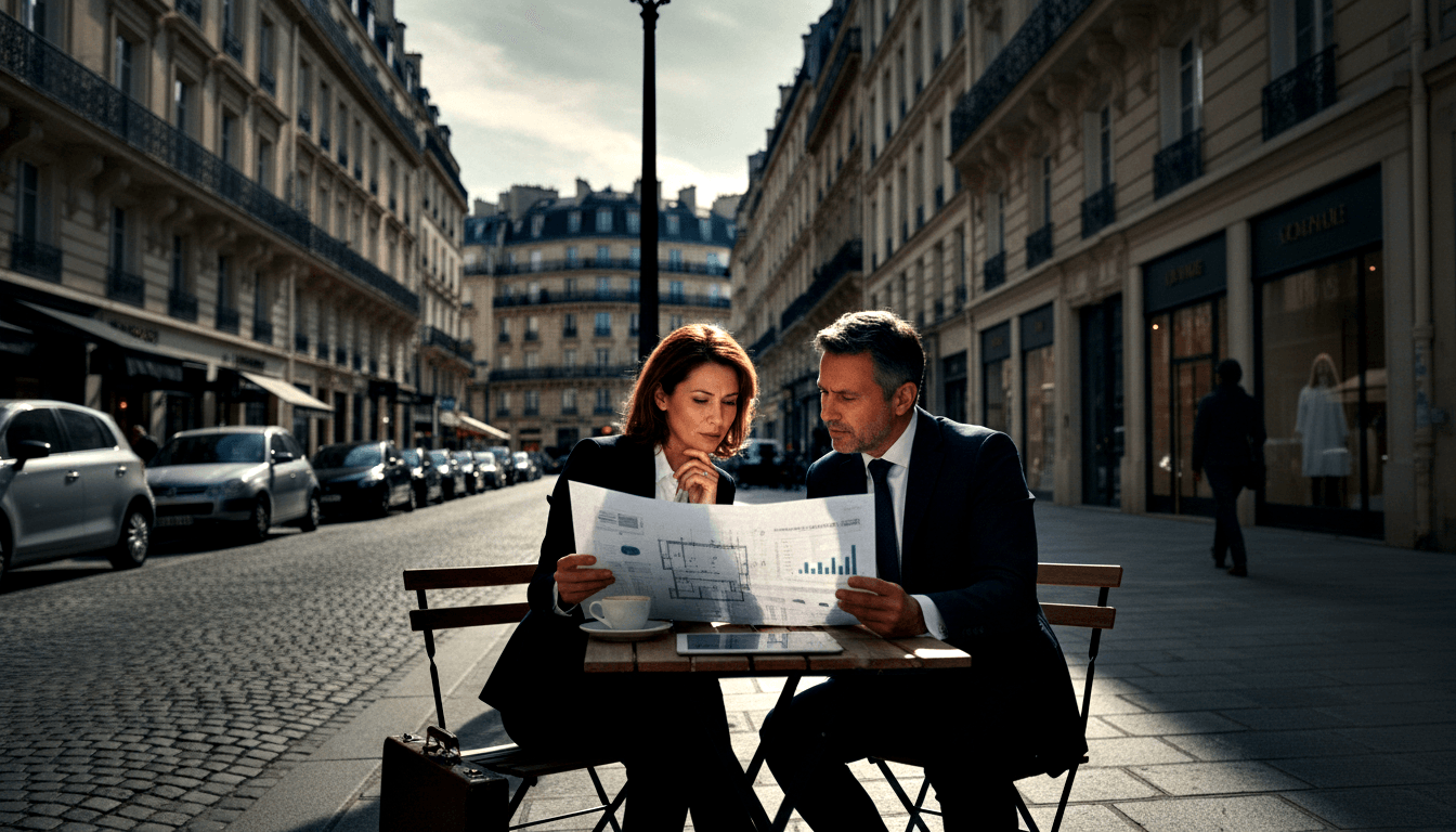 Woman in dark blazer and man in navy suit review floor plan and bar chart documents at a bistro table on a cobblestone street.