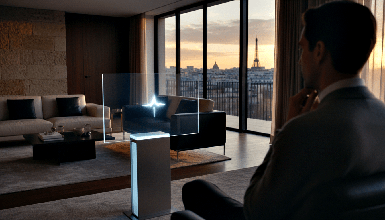 Man in dark suit seen from behind watches a glowing star on a transparent display in a sunset-lit living room.