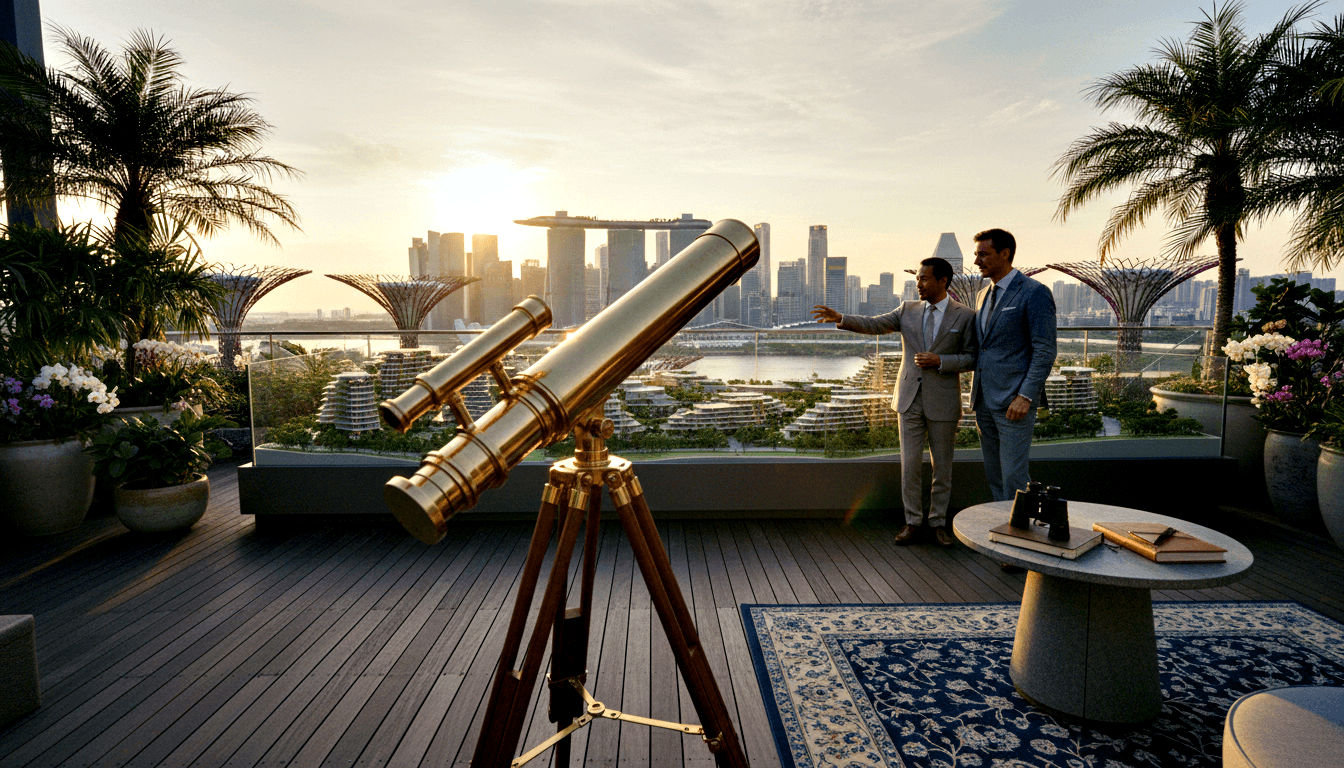 Two suited men talking on a high-rise rooftop terrace at golden hour, one gesturing toward a waterfront skyline.