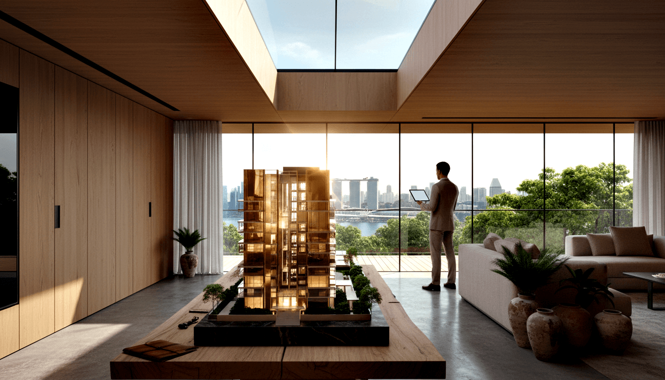 Glowing amber high-rise scale model on wooden table, man in beige suit holding tablet, floor-to-ceiling windows with waterfront skyline beyond.