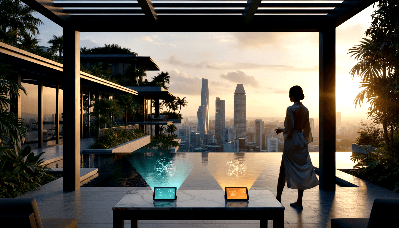 Silhouetted woman at rooftop infinity pool edge facing urban skyline at sunset, with two holographic network diagrams on a marble table nearby.