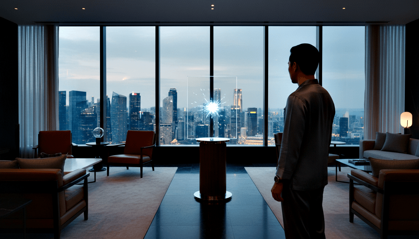 Man facing glowing rectangular panel on dark pedestal, cognac leather chairs, floor-to-ceiling windows with city twilight skyline.