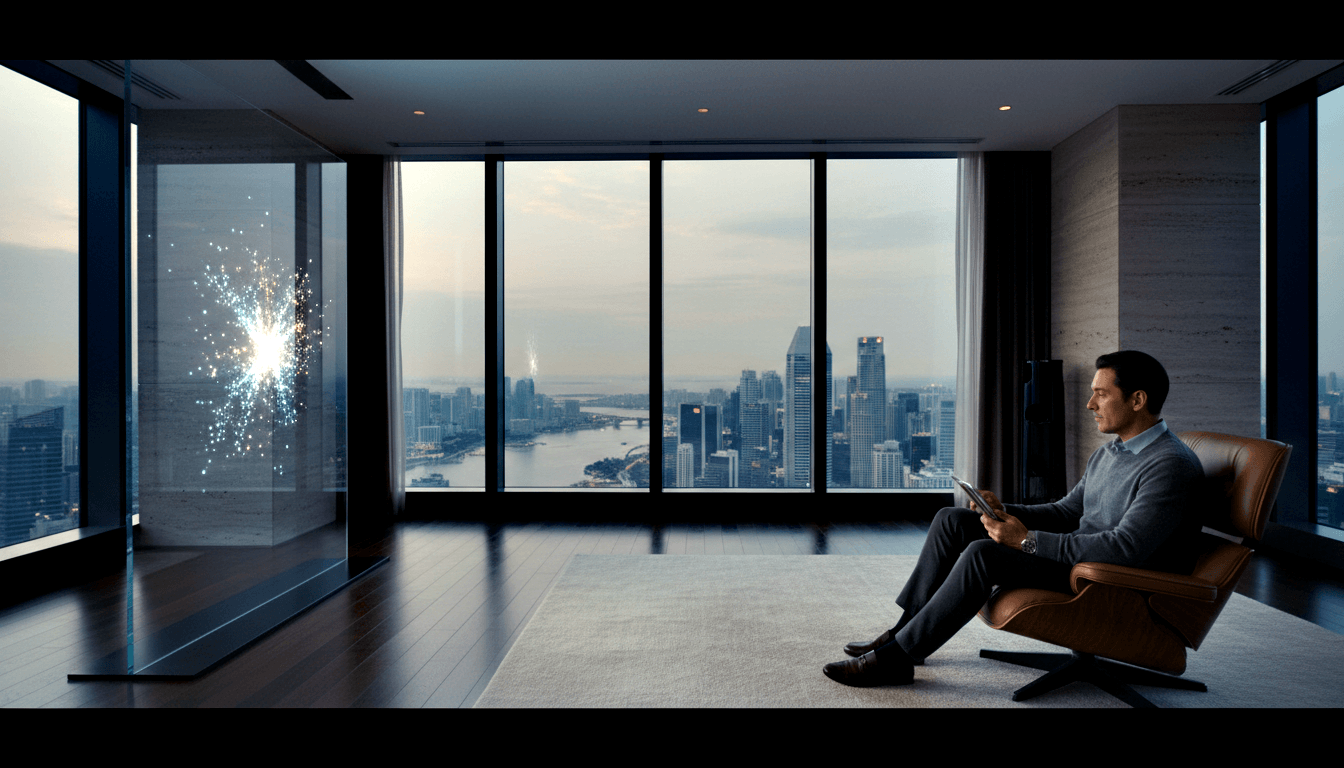 Man in grey sweater sits in cognac leather chair holding a tablet, facing floor-to-ceiling windows with a waterfront skyline at twilight.