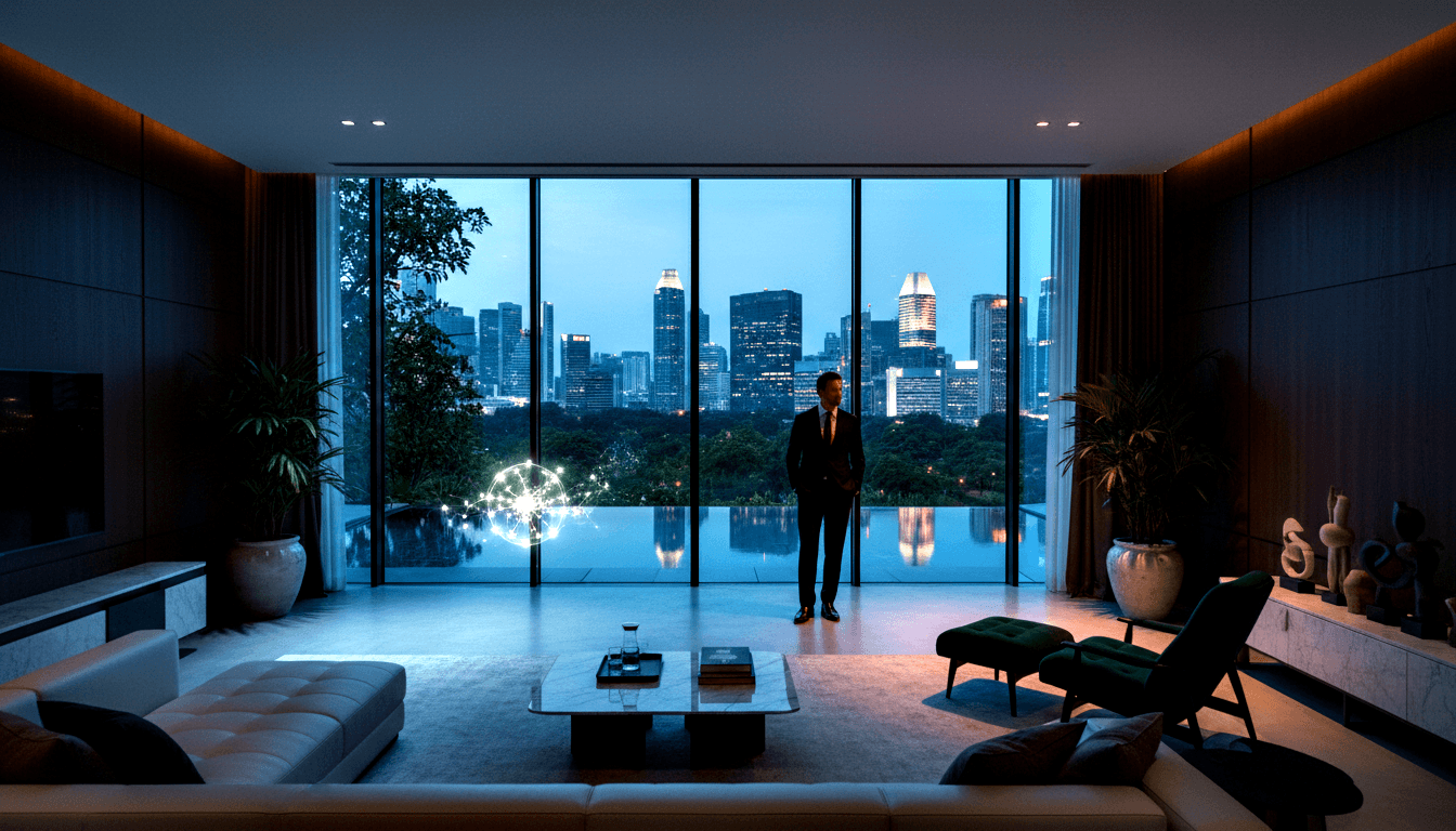 Silhouetted man in dark suit stands at glass wall facing teal infinity pool and urban skyline under navy dusk sky.