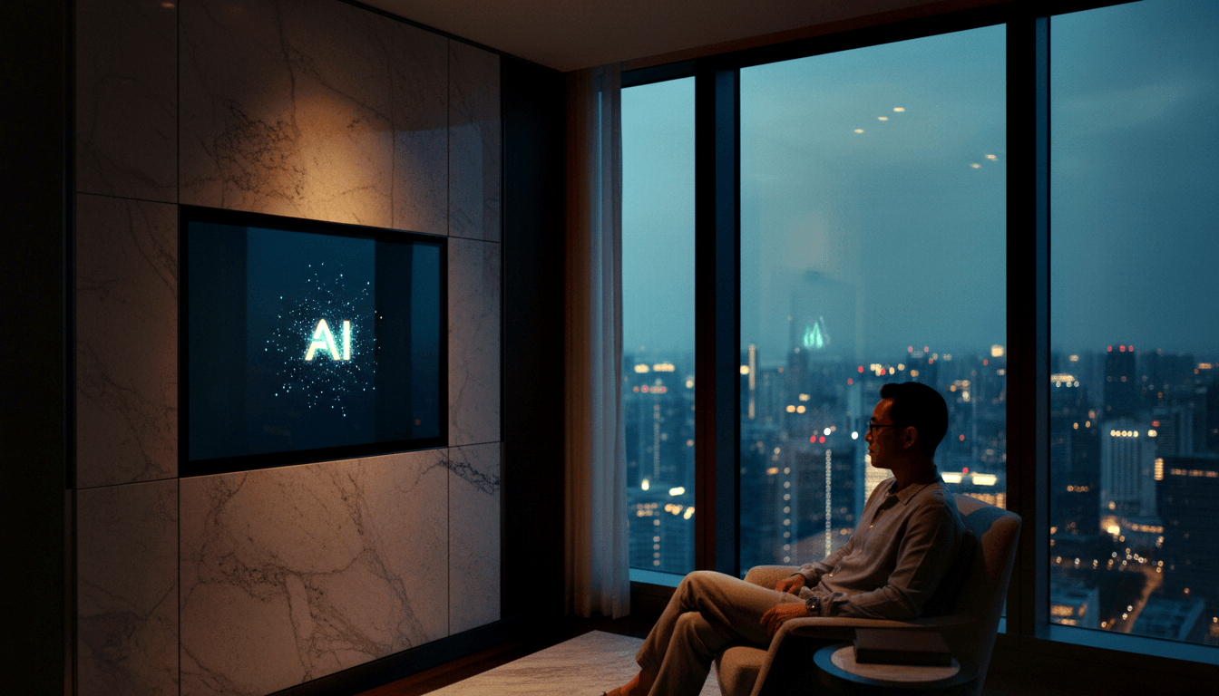 Man in glasses sits in armchair gazing at wall screen showing cyan 'AI' text, dim marble room, night city behind.