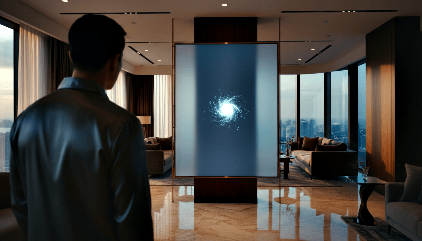 Man with short dark hair in gray-blue satin shirt stands before a glowing white-blue spiral vortex in a frosted copper-framed panel.
