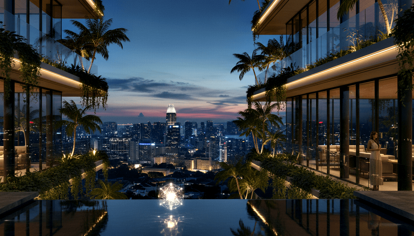 CGI terrace at dusk with dark infinity pool, glowing geodesic sphere, two glass-walled wings, and a woman in a pale dress near glass doors.