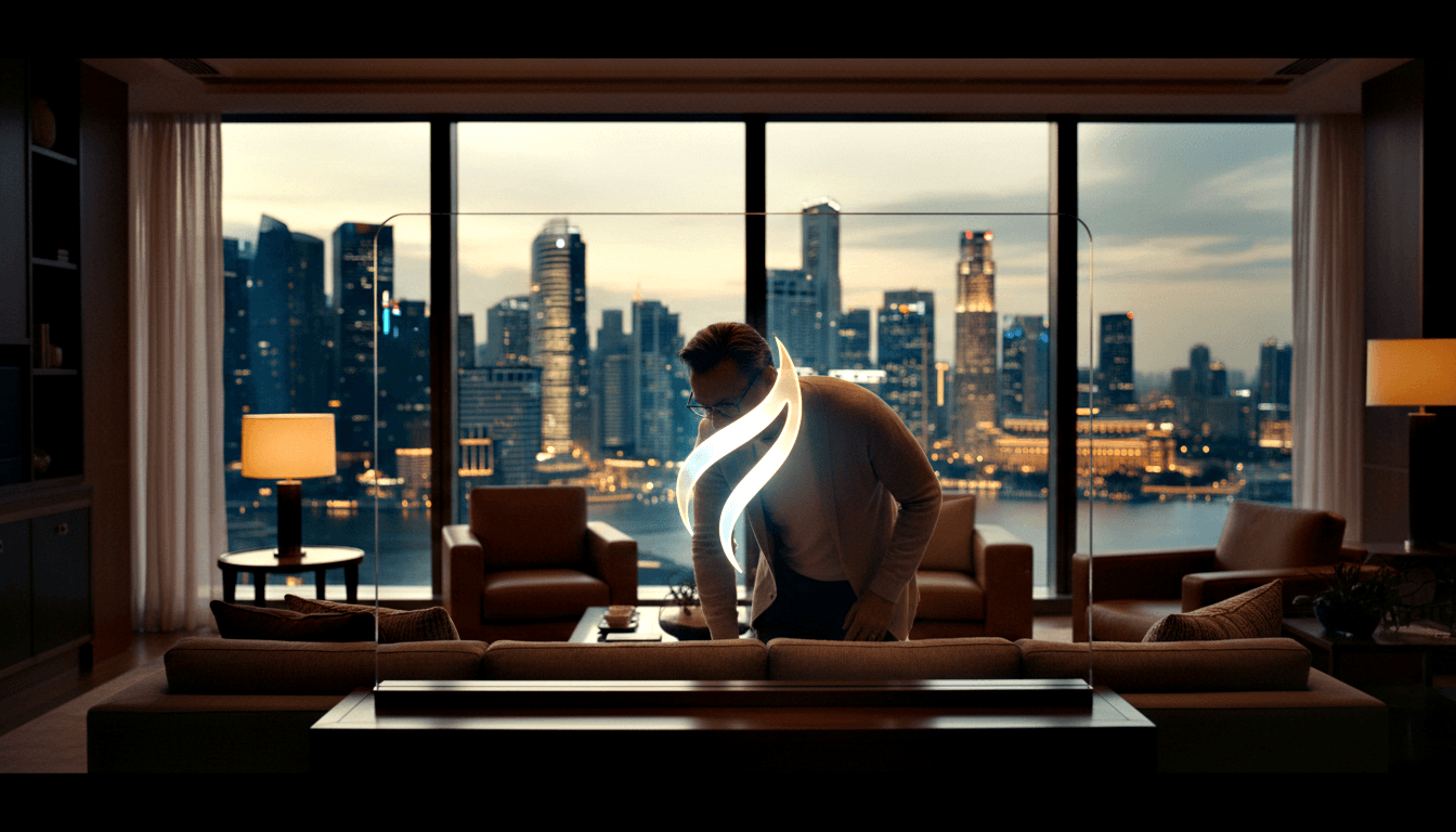 Man in cream sweater and glasses leans over coffee table with glowing curved object; city skyline at dusk through tall windows.