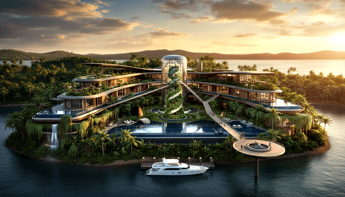 CGI aerial render of curved tan multi-wing resort on small tropical island with glass atrium tower, infinity pools, and white yacht at pier.
