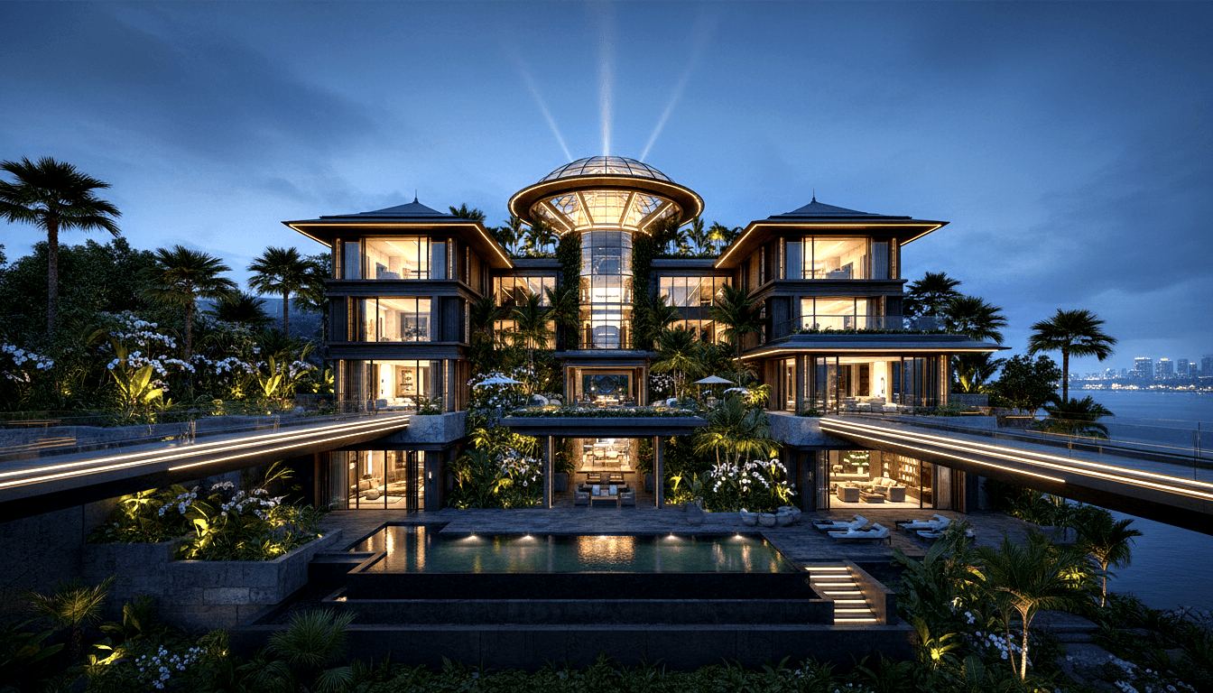 CGI villa at blue hour: glass rotunda emits light beams, terraced Asian-style facades, infinity pool foreground, skyline at right.