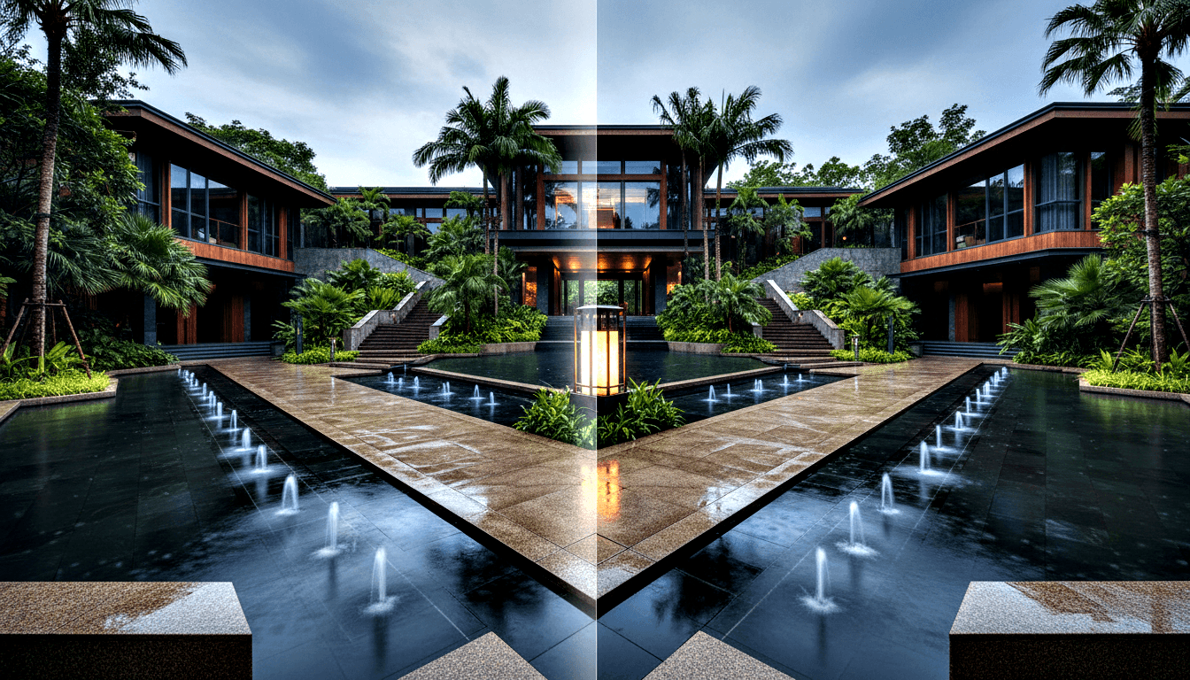 Mirrored villa: dark wood cladding, glass walls, royal palms, courtyard with reflective pools, water jets, amber lantern.