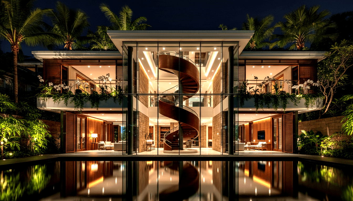 Multi-story villa at night with glass facade revealing a helical reddish-brown staircase, lit rooms, and a foreground pool mirroring the scene.