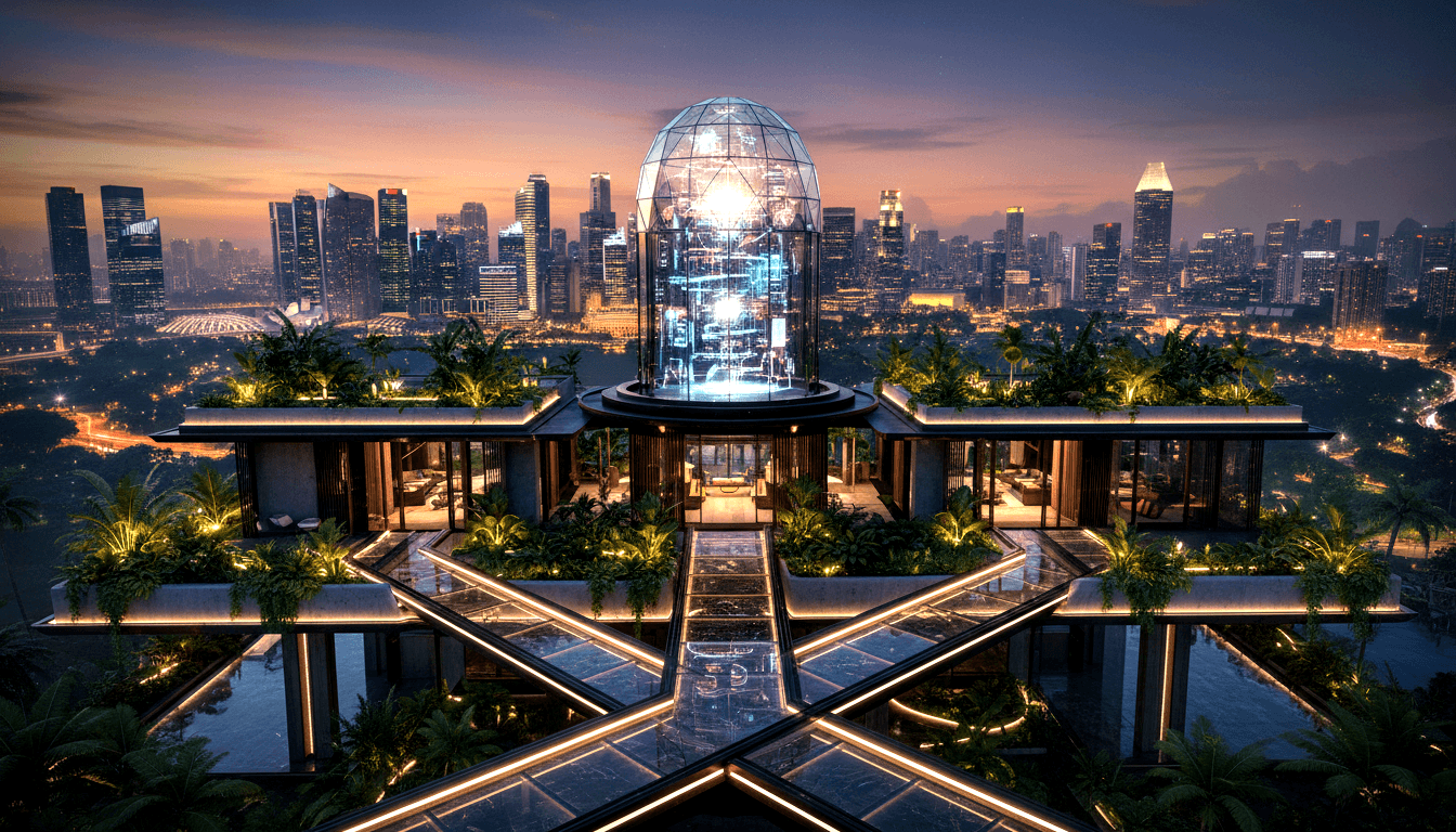 Futuristic rooftop at twilight with illuminated glass geodesic dome, X-shaped amber LED walkways, terraced palms, and high-rise skyline.