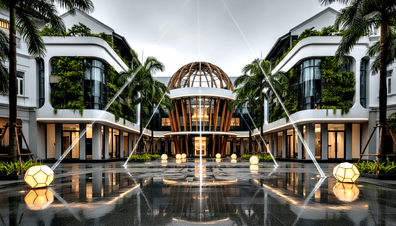 Timber lattice dome on arched columns flanked by green-garden-covered white wings; diagonal water jets cross a reflective dark plaza.