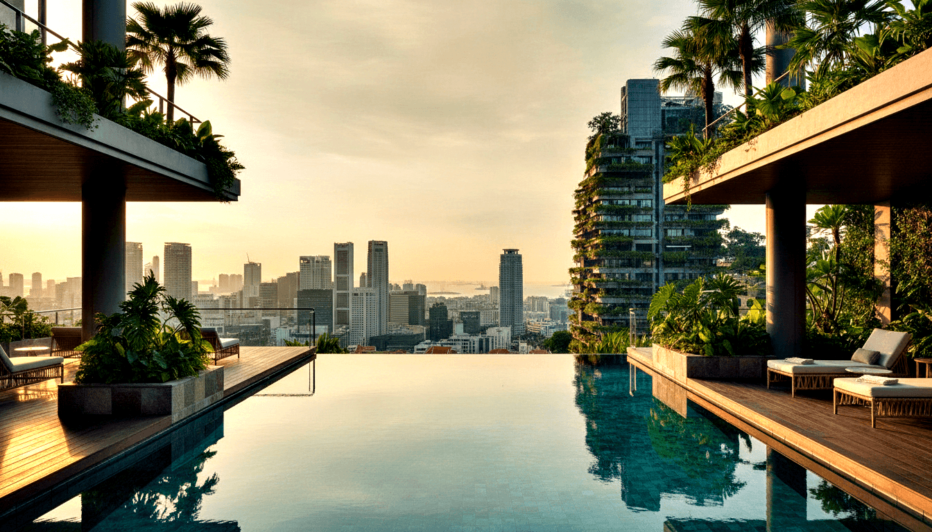 Rooftop infinity pool with teal water, wooden decking, lounge chairs, and tropical plants beside a high-rise with vertical gardens.