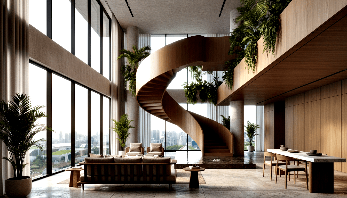 Spiral staircase in warm honey-toned wood with curved walls, beside living and dining areas, floor-to-ceiling glazing with city skyline.