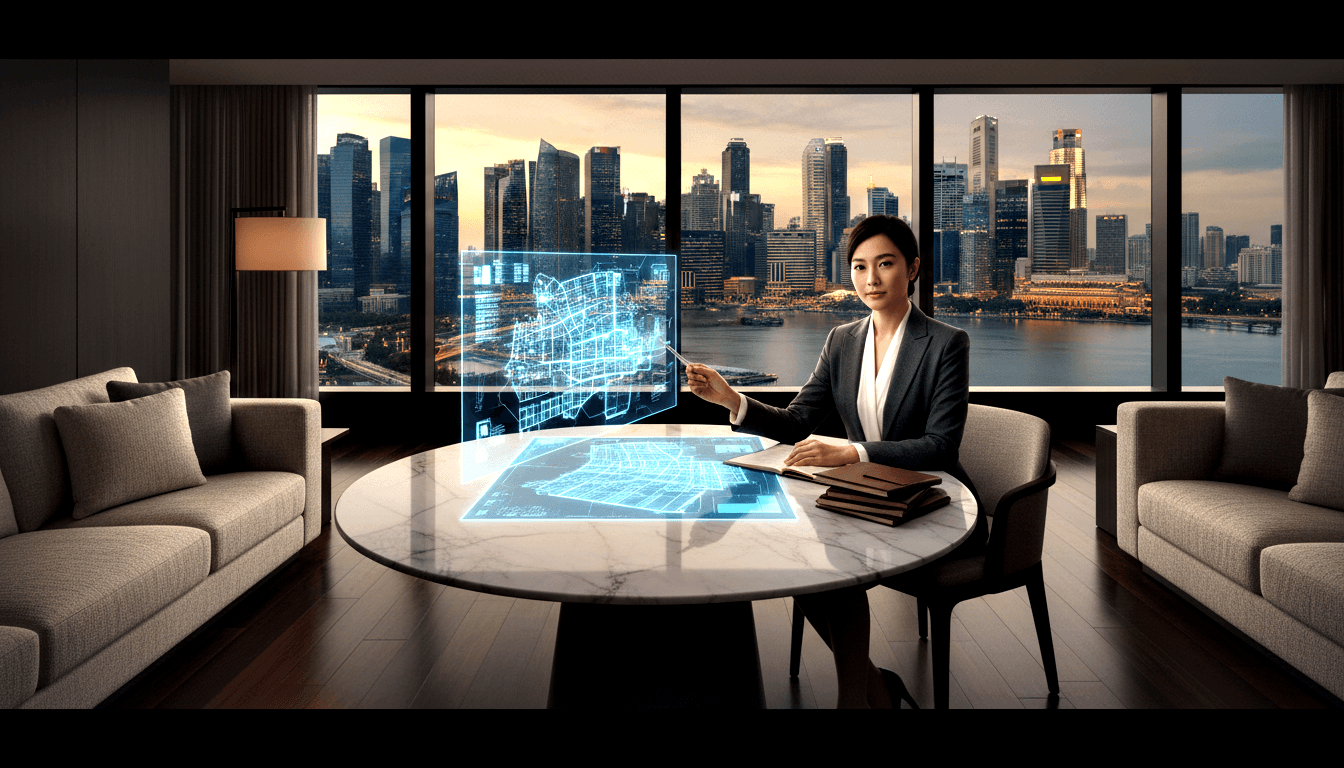 Woman in dark business suit gesturing with stylus at glowing cyan holographic city-grid projection over a round white marble table.