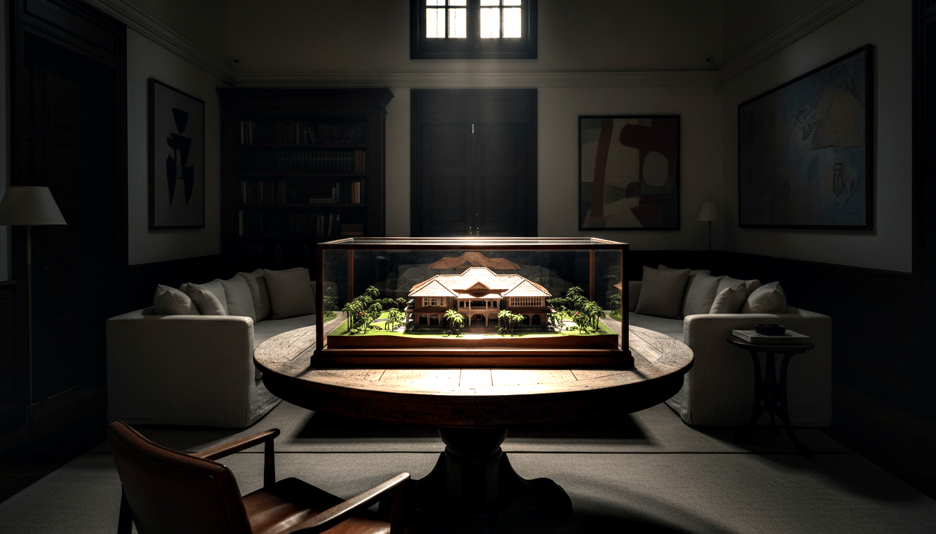 Spot-lit scale model of a tropical manor, red-tiled roof, palm trees, in a glass case on a mahogany pedestal table.