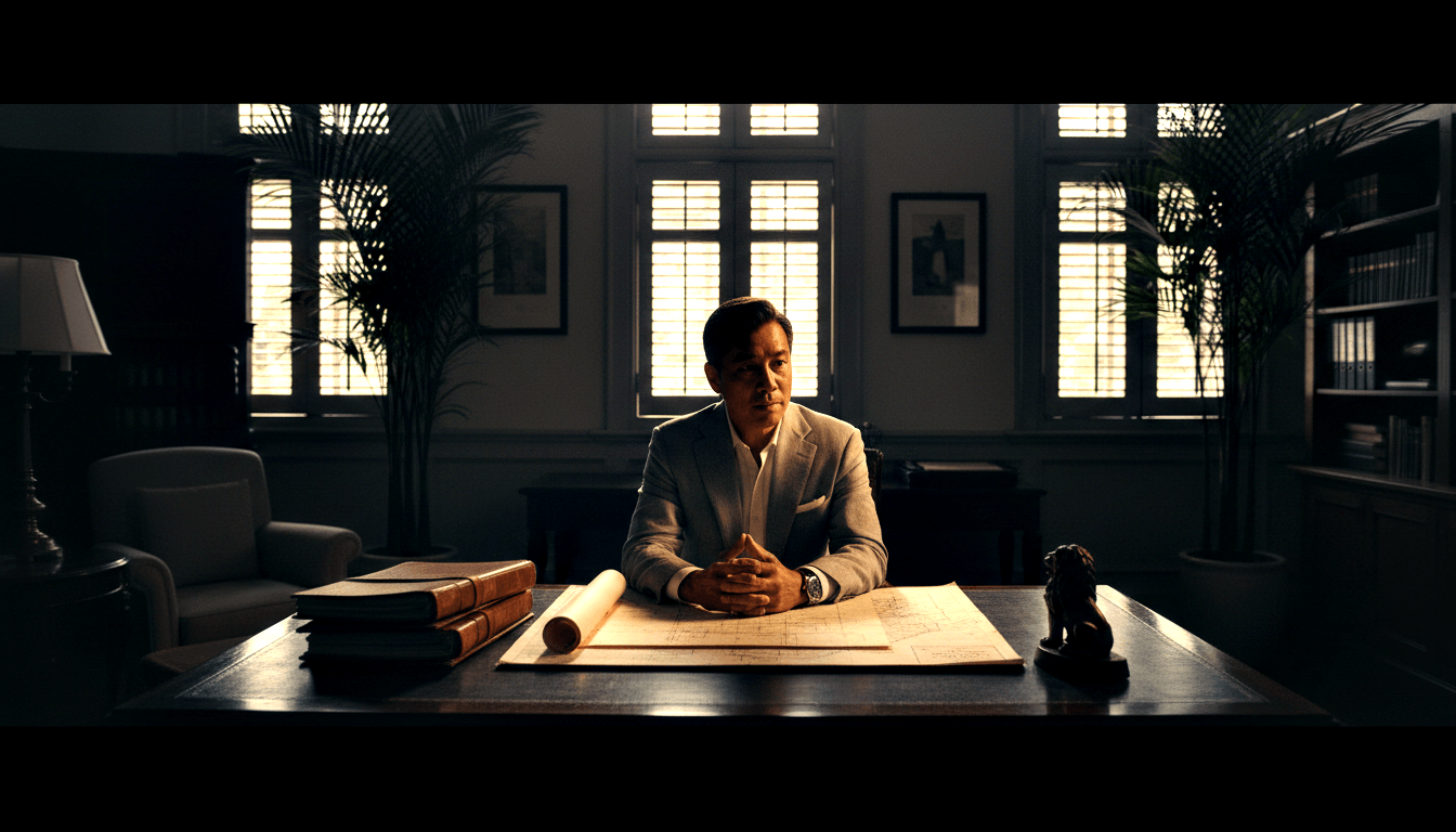 Middle-aged East/Southeast Asian man in gray suit sits behind large dark desk with architectural drawings, hands clasped, watch visible.