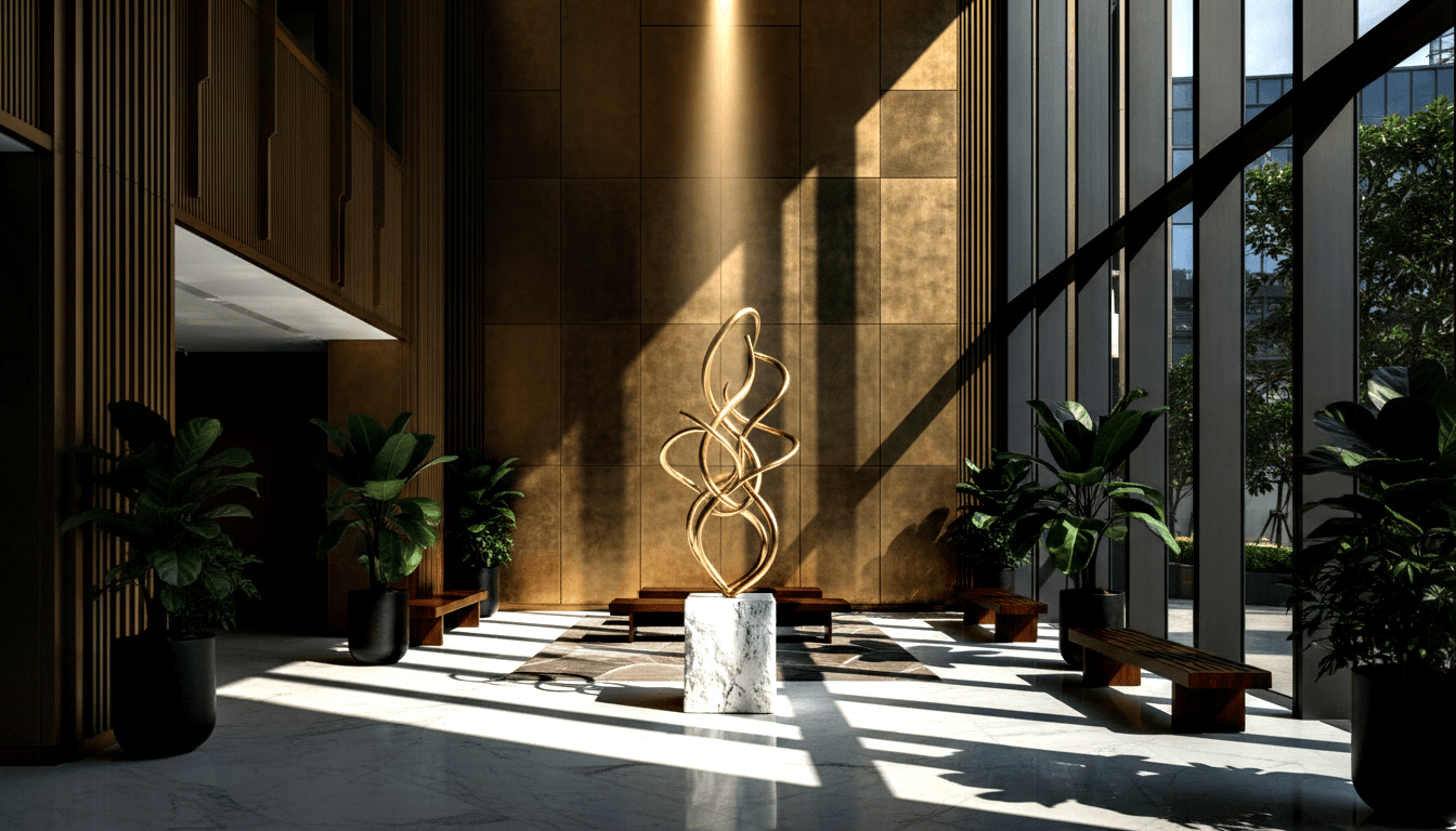 CGI lobby atrium: golden looping ribbon sculpture on marble pedestal, tropical plants, dark wood benches, glass curtain wall.