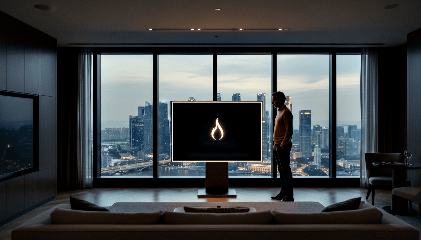 Man in cream sweater beside pedestal display with glowing flame icon; floor-to-ceiling windows show waterfront skyline at dusk.