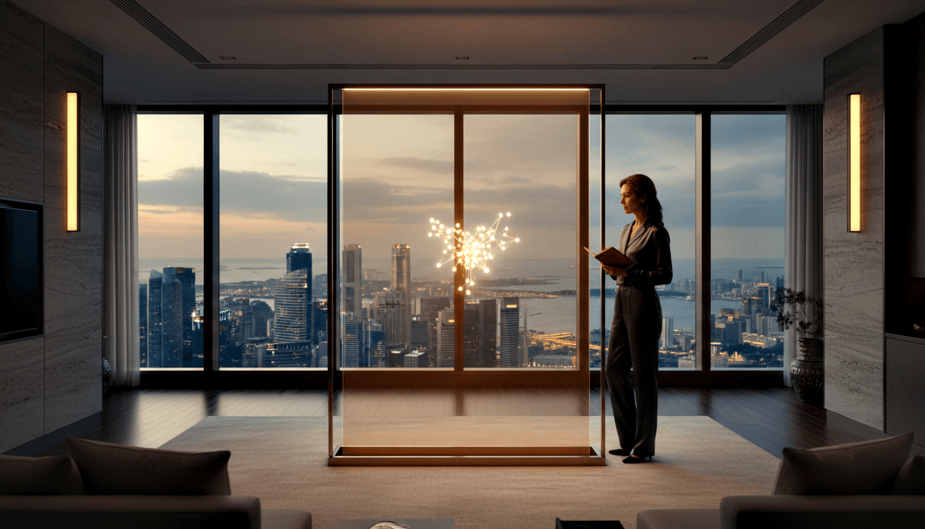Woman in gray blazer beside glowing node-and-connector sculpture in glass vitrine; floor-to-ceiling windows frame waterfront skyline at twilight.