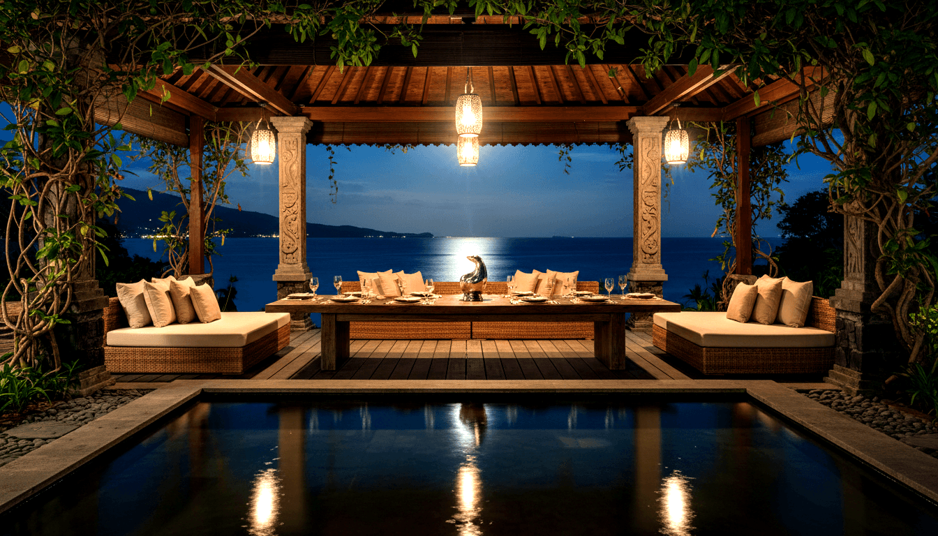 Open-air pavilion with carved tiered wooden roof, stone columns, amber lanterns over a low dining table with wine glasses and champagne bucket.