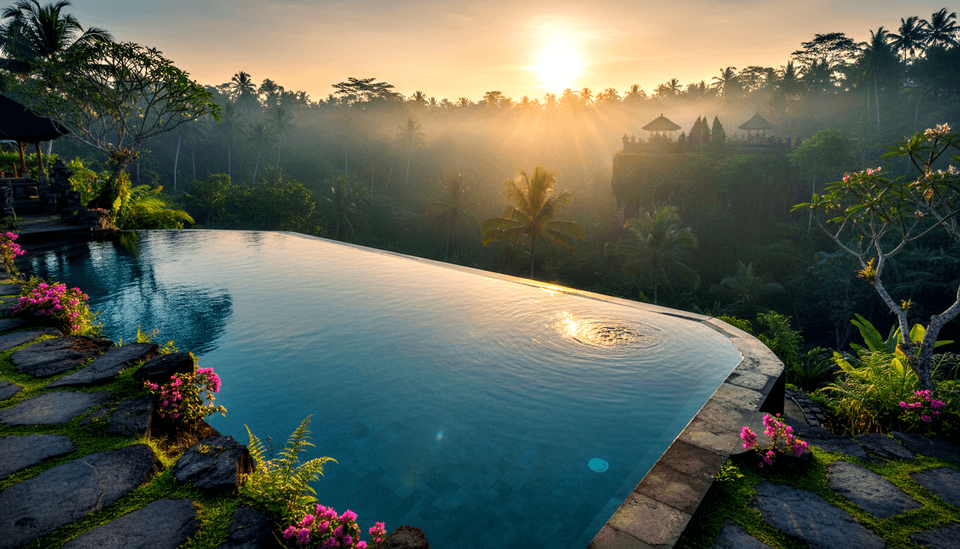 Curved infinity pool with turquoise water and dark stone edging overlooking a tropical jungle canopy under a glowing sunrise sky.