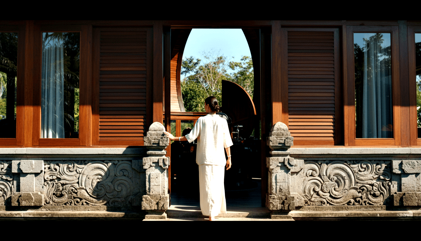 Woman with dark hair in white two-piece outfit seen from behind mid-step in large arched wooden doorway, hand on carved stone balustrade.