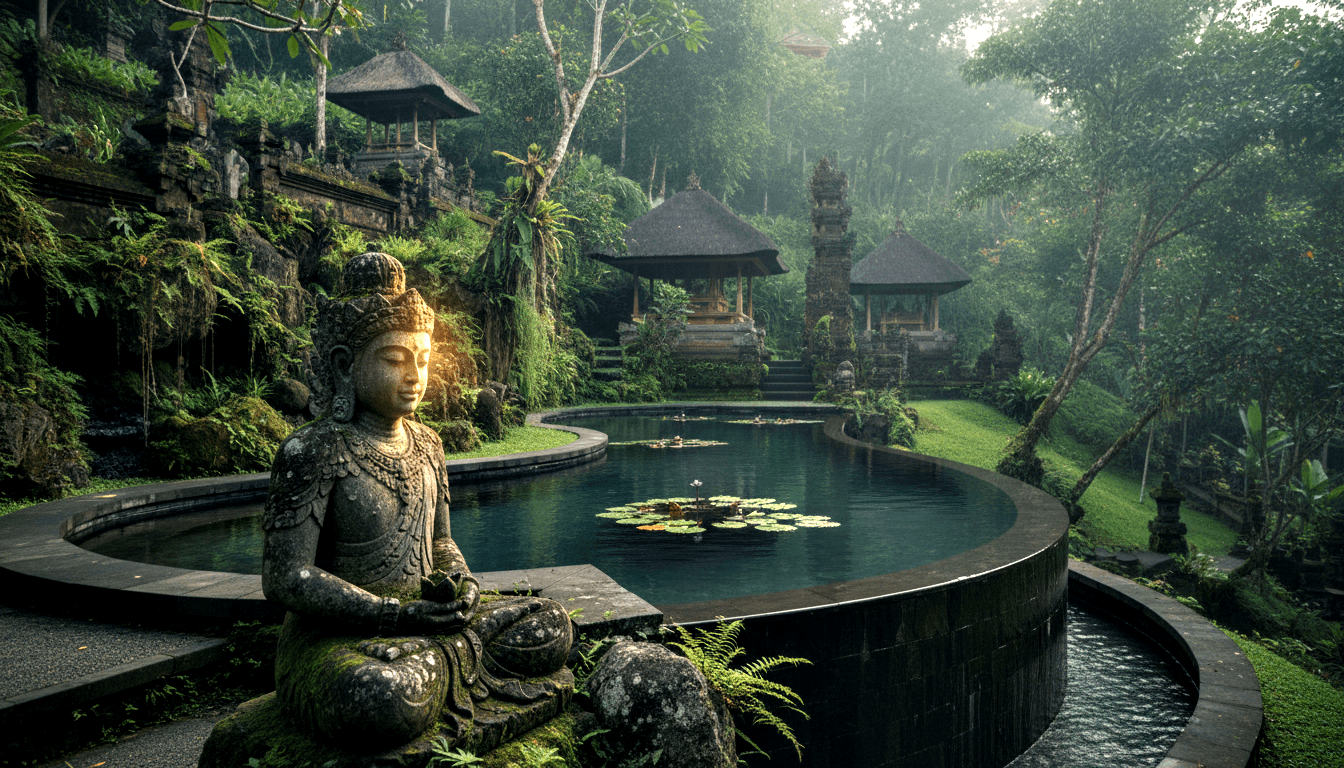 Stone deity statue seated cross-legged with ornate crown beside circular pool with lily pads, tiered thatched pavilions, mossy jungle terraces.