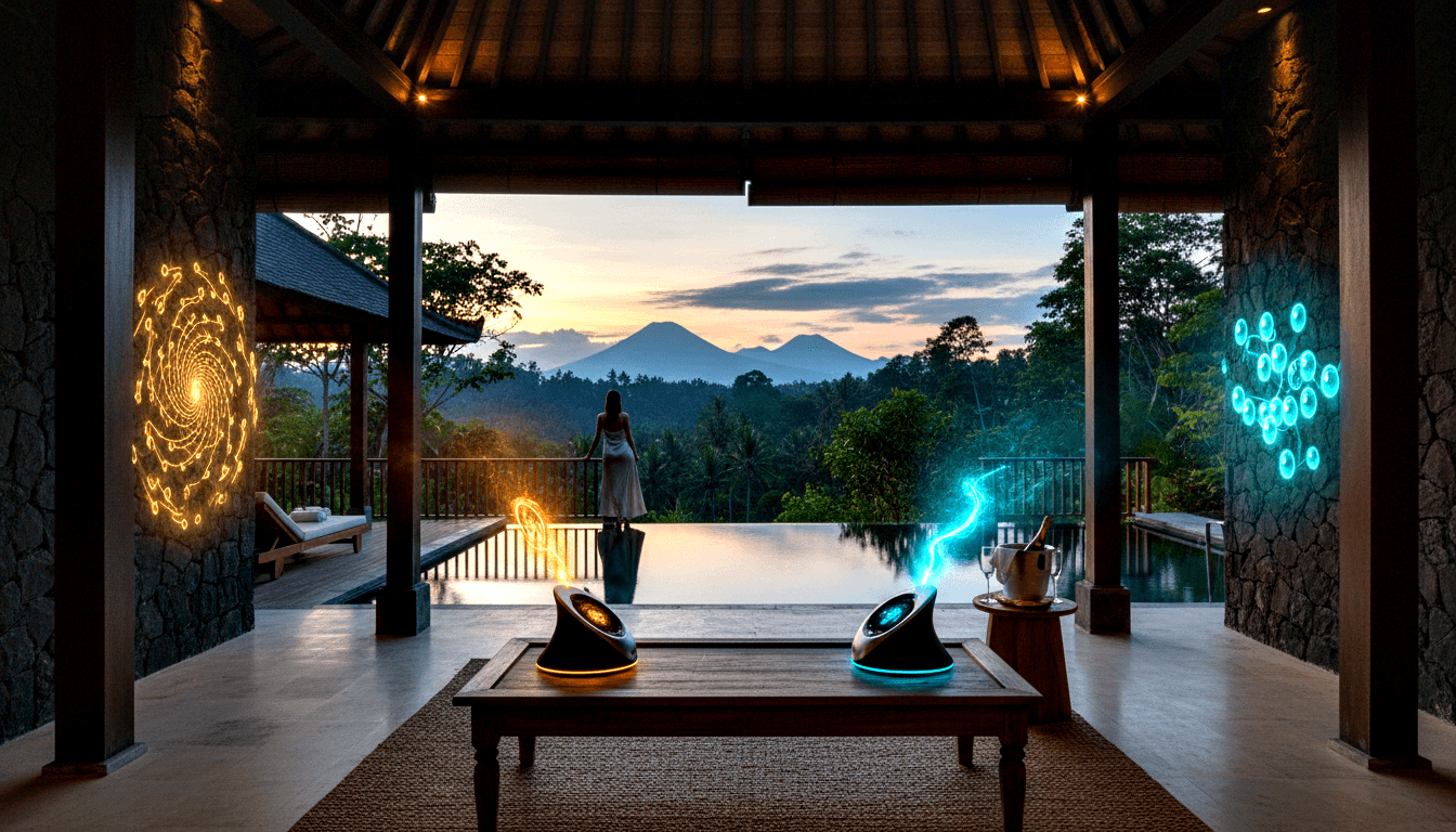 Thatched pavilion with glowing black conical devices linked by plasma arc; woman at infinity pool facing volcanic peaks at twilight.