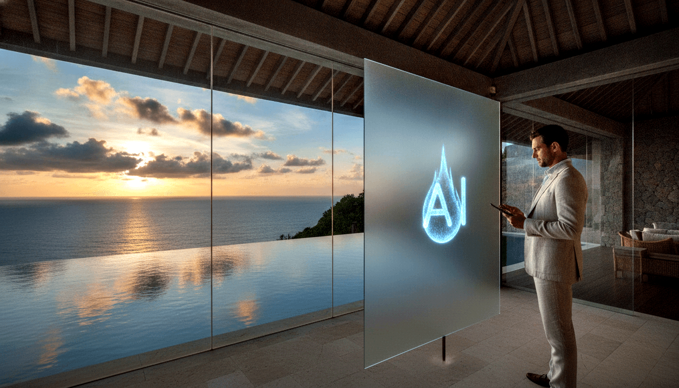 Man in gray suit holds smartphone before frosted glass with blue flame emblem; golden-hour ocean and infinity pool beyond.