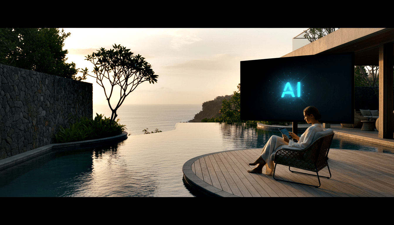 Barefoot woman in rattan chair on wooden deck holds tablet toward outdoor screen displaying cyan 'AI' text, beside teal infinity pool at sunset.
