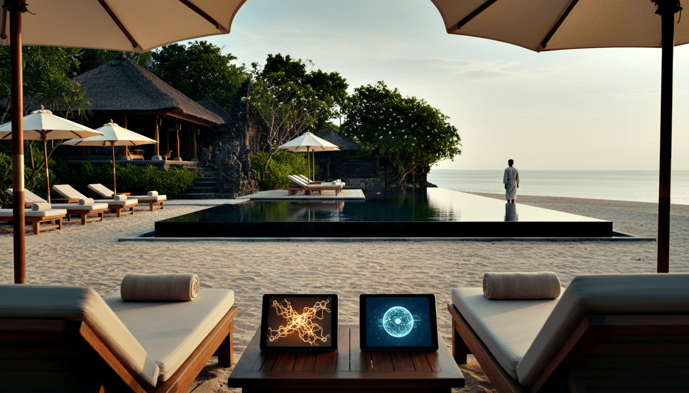 Infinity pool at golden hour faces calm ocean; lounge chairs, white umbrellas, two glowing tablets, robed figure at far edge.