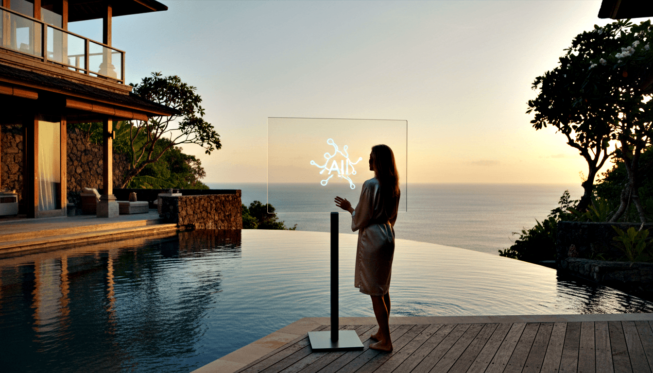 Woman in champagne satin robe touching a glowing glass panel on black pedestal on wooden deck beside infinity pool and ocean at sunset.