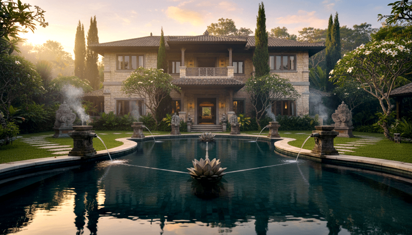 CGI villa with terracotta roof and lit entrance beside a reflecting pool with fountains and lotus sculpture at dusk.