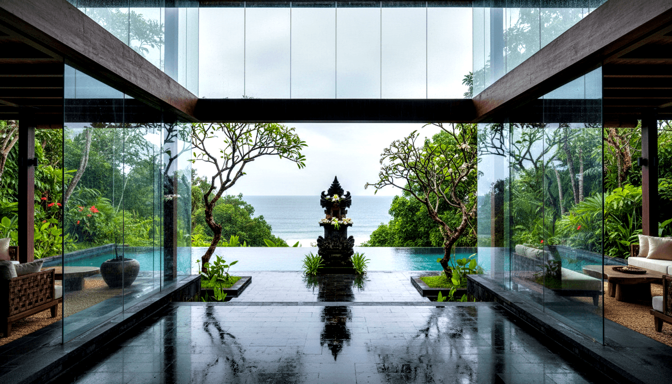 Glass pavilion with dark carved stone shrine adorned with white flowers, flanked by lounge chairs, overlooking an infinity pool and ocean.