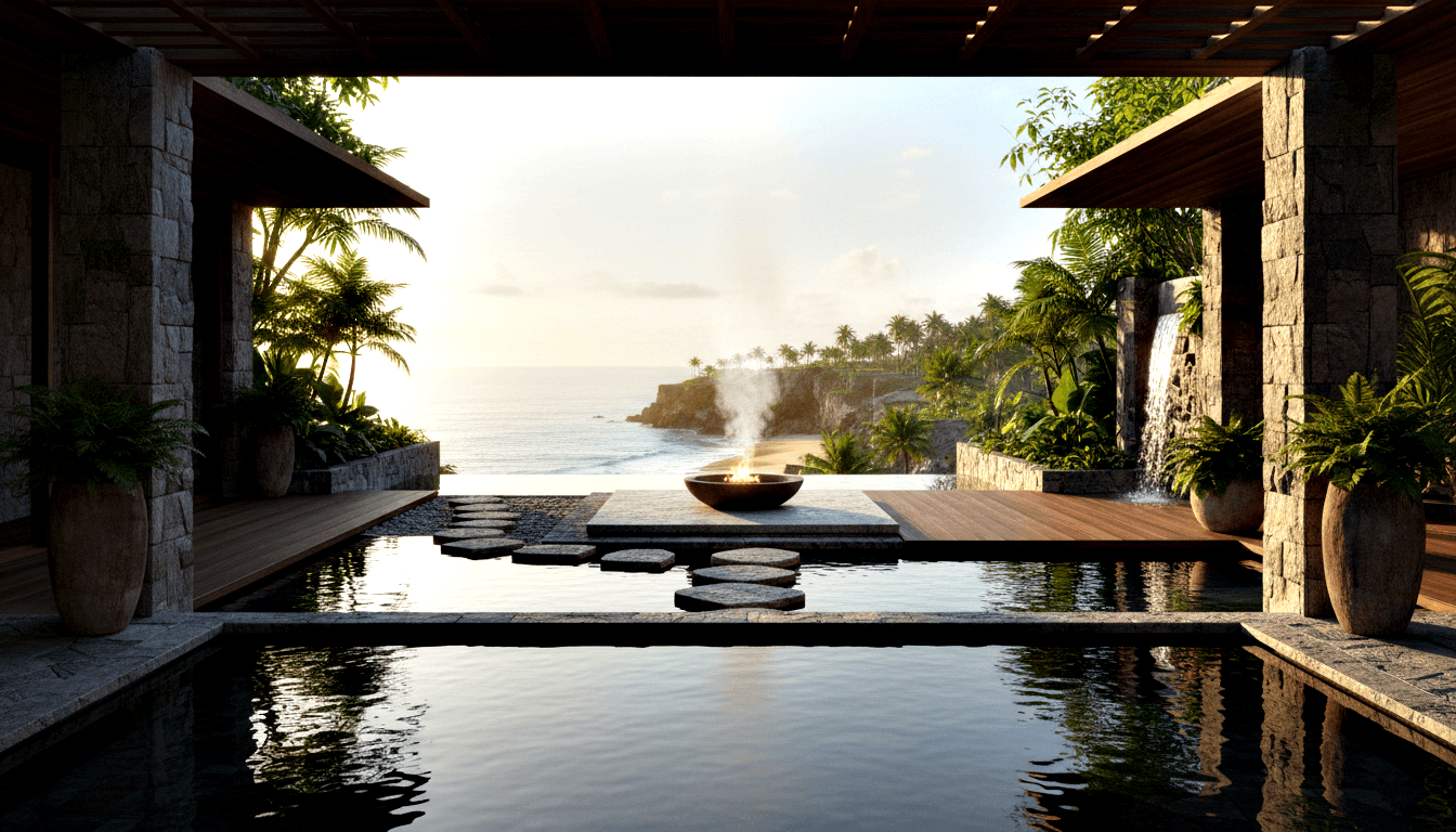 Pavilion with reflective pool, stepping stones to fire bowl, framing golden-hour view of beach, ocean, and coastal cliffs.
