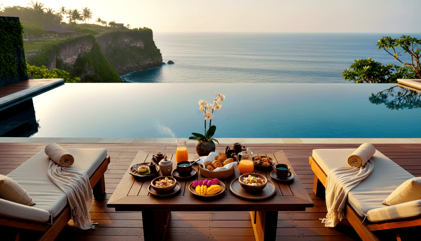 Outdoor deck with breakfast spread on low wooden table between two sun loungers, infinity pool merging with calm ocean behind.