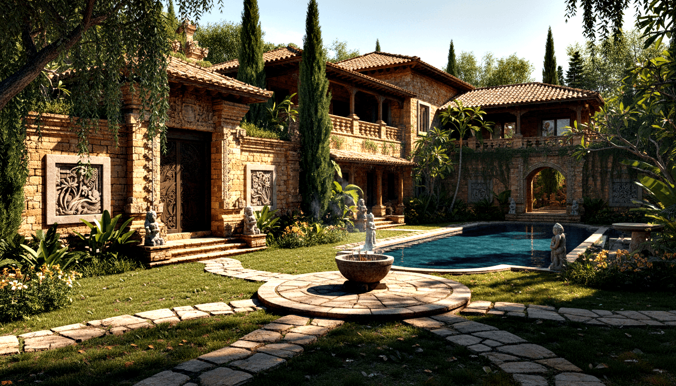 CGI stone villa with golden masonry, terracotta roof, guardian statues, cobblestone path, cypress trees, circular basin, and blue pool.