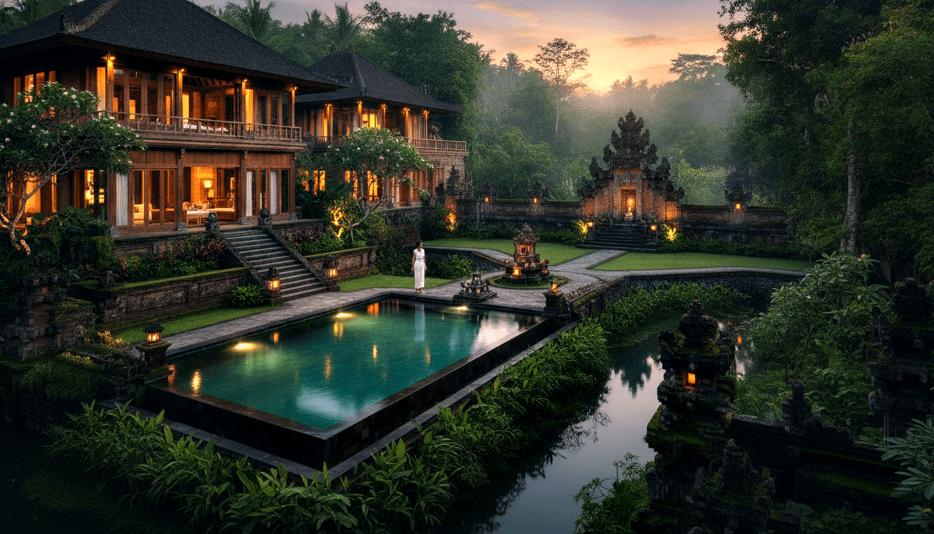 Multi-story carved stone villa with tiered roofing overlooks a teal-lit rectangular pool at dusk, lone figure in white at pool's edge.