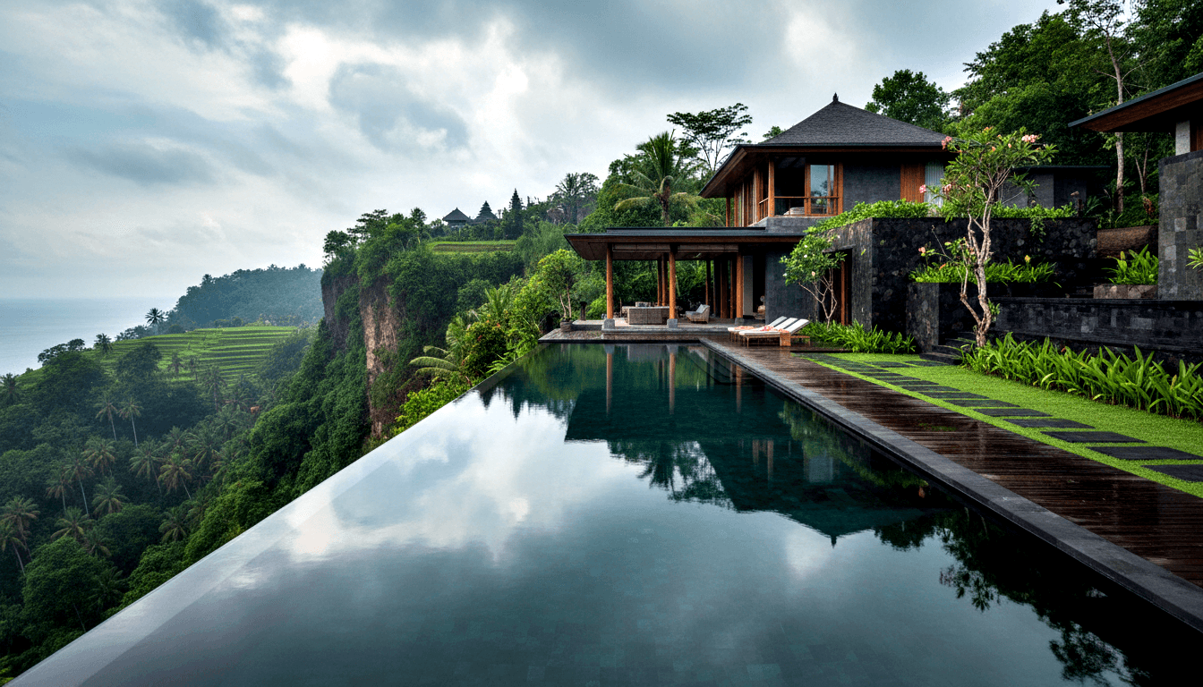 Dark-bottomed infinity pool at cliff edge reflecting overcast sky, with timber-and-glass villa, sun loungers, and forested valley below.